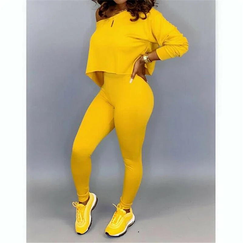 

2020 Women Set Knit Suit Womens Two Piece Sets Off Shoulder Sweater+Pants Tracksuit Female Outfits Solid Color Clothes Set
