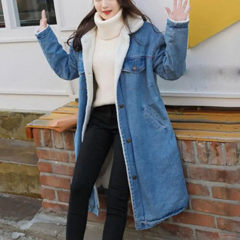 Finest  New Women Winter Denim Jackets Lamb Wool Lining Long Warm Coats Big Fur Oversize Loose Jeans Jacket