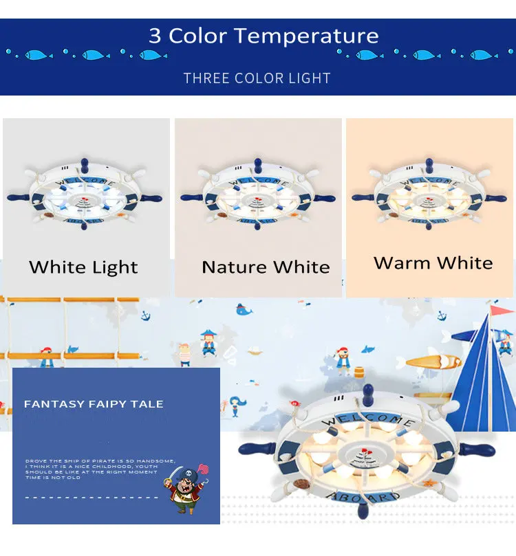 Средиземноморский Декор Детская комната люстры деревянный руль 3 цвета Температура светодиодный розовый небесно голубой потолочный светильник для девочек и мальчиков
