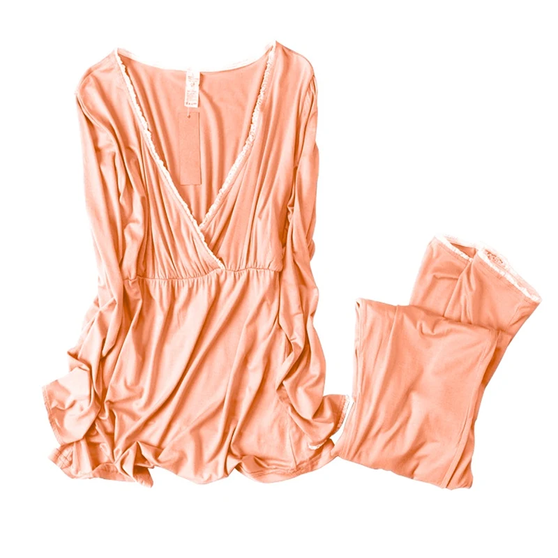 Пижамы для беременных, кормящих, кружевные пижамы для беременных, кормящих грудью, ночная рубашка для беременных с подушечкой на груди, женская одежда для сна, комплект домашней одежды - Цвет: Orange