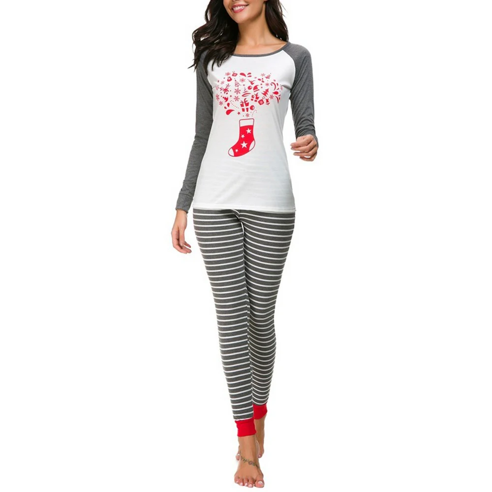 Женская рождественская лента с принтом, пижамный комплект, футболка с длинным рукавом, топ+ штаны, пижама, ночное белье, одежда для сна, черный, красный, белый, серый - Цвет: Серый