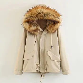 

Fashion Simple Hooded Cotton Coats Winter Warm Fur Collar Long Sleeve Coats Women Casual Thick Solid Color Coats
