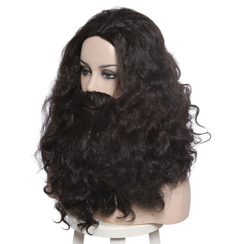 HP Rubeus Hagrid Cosplay Wig Curly Wavy Black Long Synthetic Hair With Beard Whiskers Halloween + Free Wig Cap anime cosplay