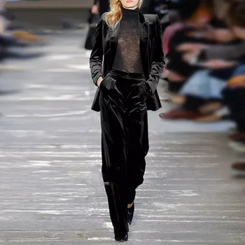 

2020 Autumn Women'S New Velvet Suit 2 Two-Piece Set Fashion Blazer Jacket + Wide Leg Pants Celebrity Runway Banquet Suit