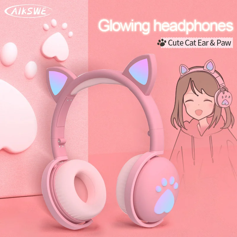 Cute Cat Bluetooth 5 0 Headset Ear Paw LED Wireless Headphones Girls Kids Headset Gift HIFI Stereo Bass 3 5mm with Mobile Phone