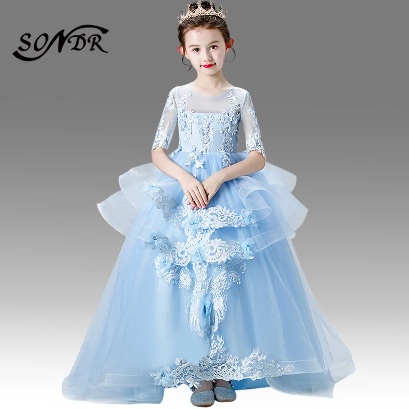 

Elegant Blue Flower Girl Dresses HT137 O-neck Half Sleeve Lace Flower Girl Ball Gowns Appliques Embroidery Tiered Kids Dress