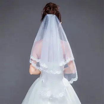 

2019 New Style Ivory Two-layer Lace Cathedral Bridal Bride Wedding Party Short Veils with Hair Comb Headpieces Decoration