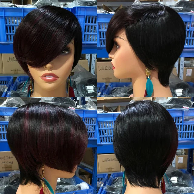 Pixie Cut Short Human Hair Wig With Bangs Straight Bob Short Human Hair Wigs Ombre Color 99j  Full Machine Wigs For Black Women P1B99J