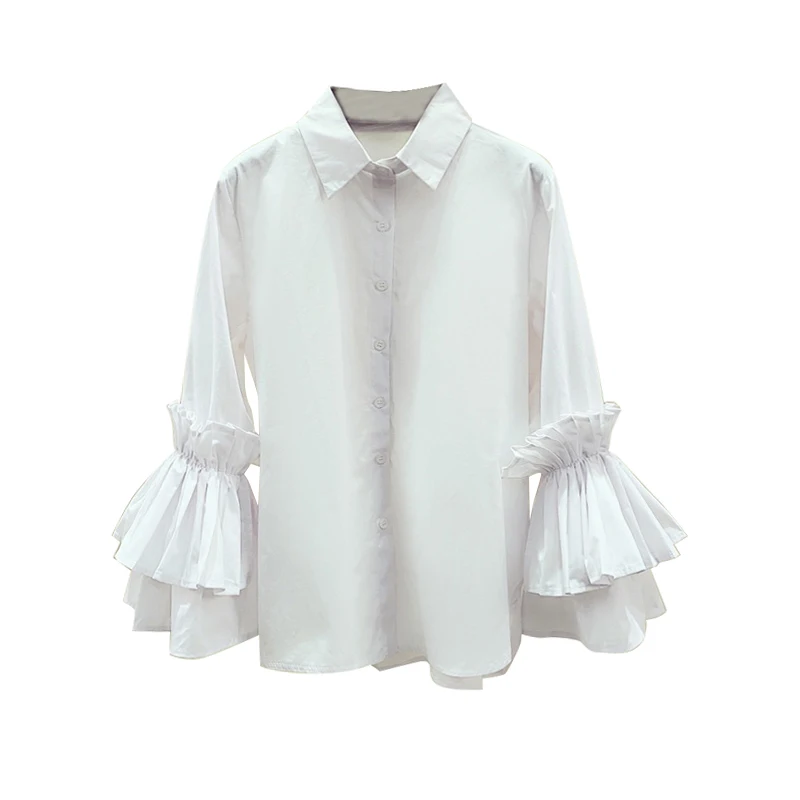 Осенняя блузка белая рубашка с отворотом, расклешенными рукавами, Blusas, офисные женские универсальные Базовые Рубашки, Топы, Blusas Femme