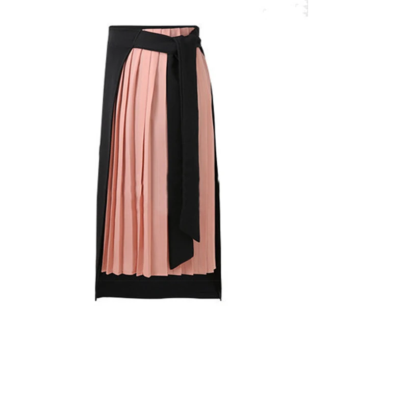 

Women‘s Midi-Skirt Chiffon Joint Lace-up Elegant Mock Two-Piece High-waisted Office Lady Elastic Pleated Side Slit Skirt
