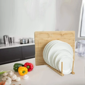 

2Pcs Bamboo Dish Plate Bowl Cup Book Pot Lid Cutting Board Drying Rack Stand Drainer Storage Holder Organizer Kitchen Cabinet(Ke