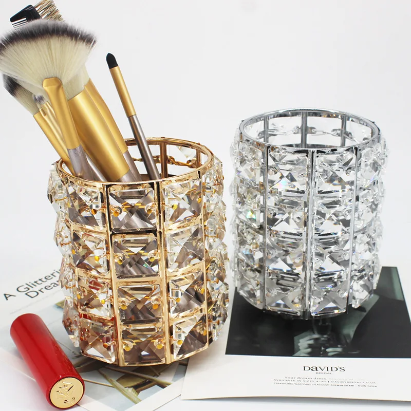 

YiCleaner Women Makeup Storage Box Crystal Cylindrical Case Lipstick Brush Holder Metal Container Storage Organizer