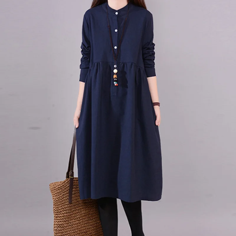 

2019 Spring Clothing New Style WOMEN'S Dress Large Size Loose-Fit Mid-length Long Sleeve Stand Collar Cotton Linen Dress