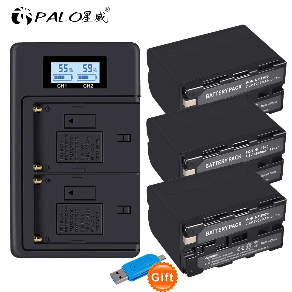 3pcs and charger PALO 7,2 V 7200 мА/ч, NP-F960 NP-F970 NP F960 F970 F950 Батарея для sony PLM-100 CCD-TRV35 MVC-FD91 MC1500C L10/двойное зарядное устройство USB - Цвет: 3pcs and charger