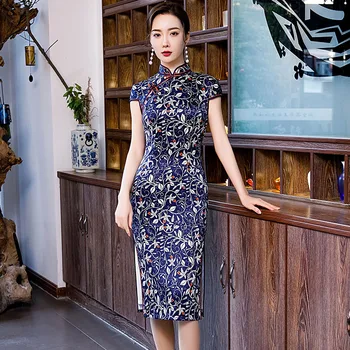 

M-4XL Cheongsam Oriental Style Women Stage Show Knee Length Party Evening Qipao Vintage Chinese Female Elegant Dress Vestido