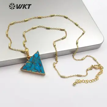 

WT-N1163 natural blue vein stone Necklace triangle shape gold Pendant Bead Chain 18 inch Bamboo women Necklace Jewelry 2019
