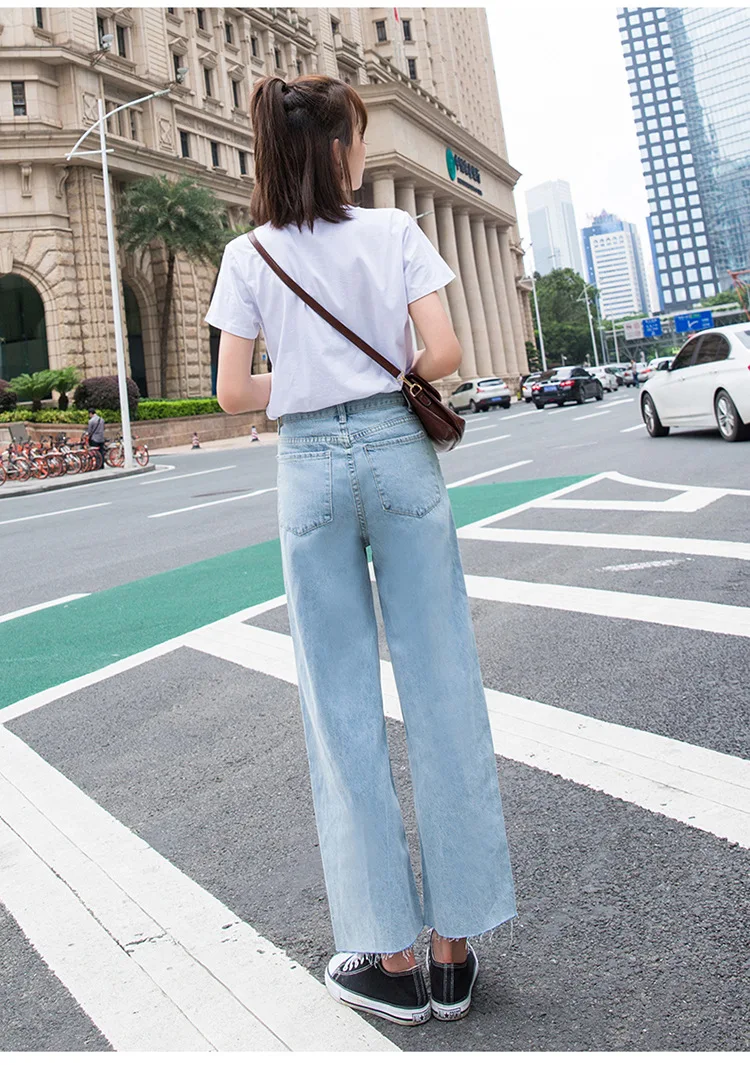 Tall waist wide-legged jeans female new summer han edition of easing nine points show thin thin vertical sense W6611