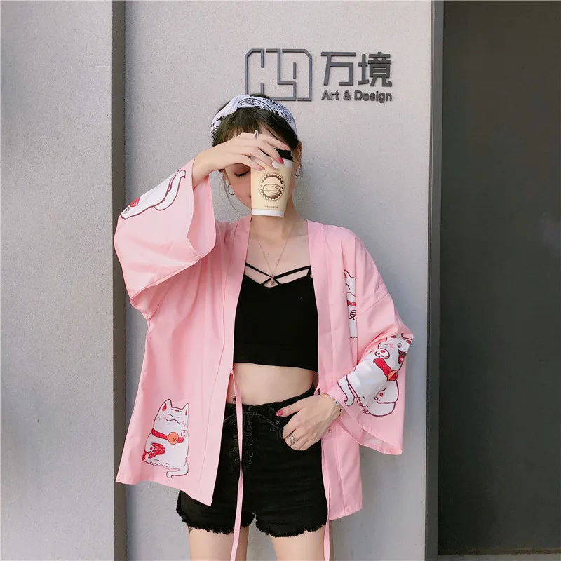 2019 японские кимоно с принтом кота кардиган Harajuku свободное розовые блузки feminino