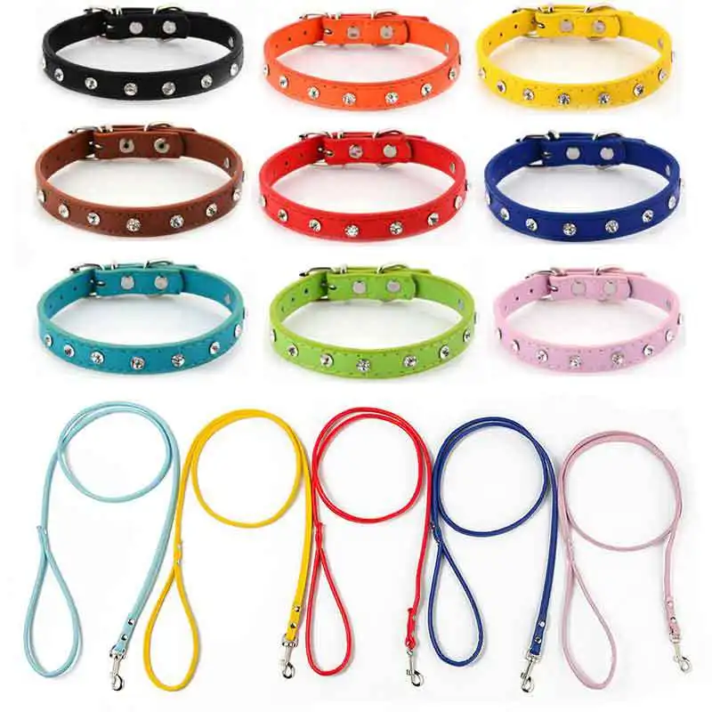 

Pet Dog PU Leather Hand Holding Rope Man-made Diamond Pu Neck Ring Solid Color Teddy Bichon Small Dogs Universal Soft
