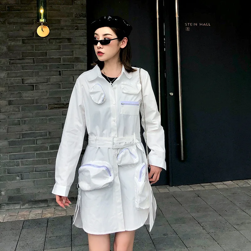 QING MO белая женская блузка с карманами женская элегантная блузка с регулируемой талией Женская однобортная блузка пальто ZQY2405