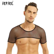 Сексуальные мужские модные прозрачные сетчатые мышцы одежда для клуба короткий рукав плечо обхватывающие грудь ремни экзотические половина майка