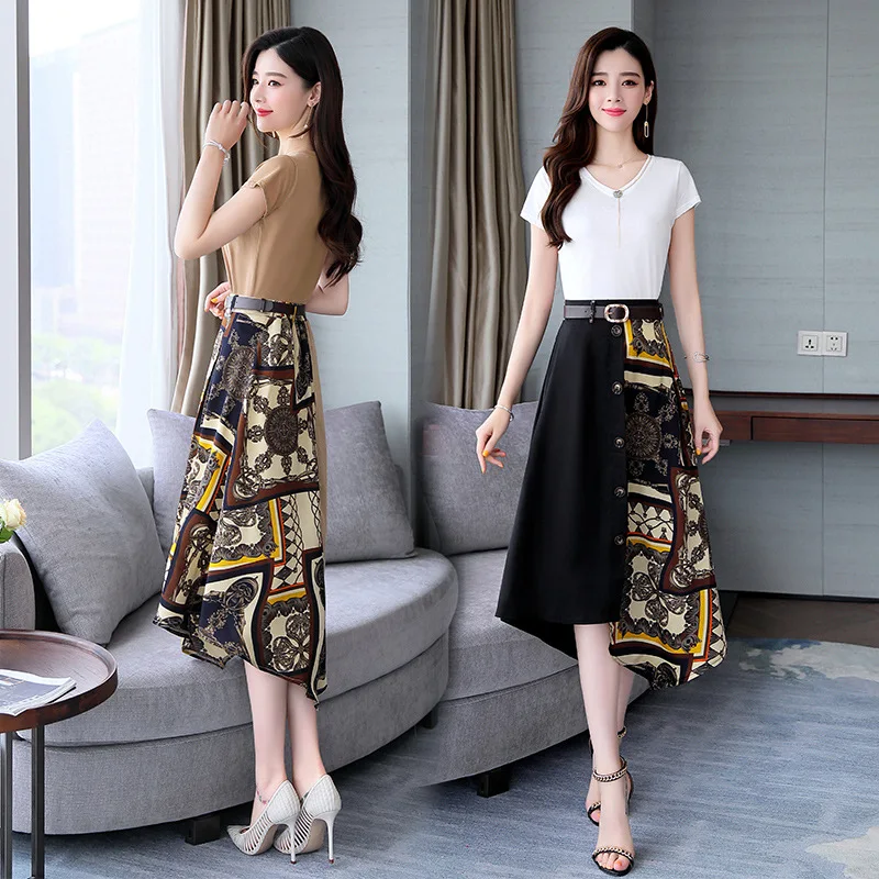 

Comfortable Fashion Set/Suit Skirt 2019 Summer V-neck Medium Waist Short Sleeve Elegant