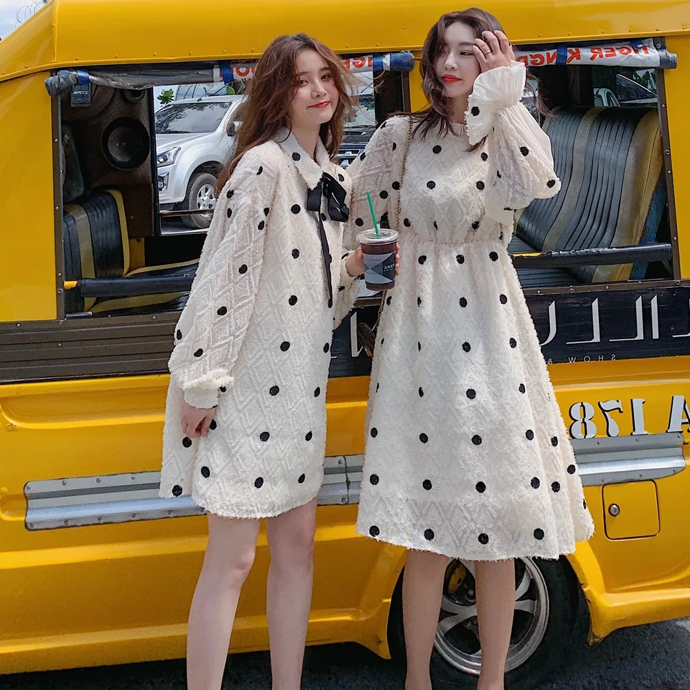 

Photo Shoot 2019 Spring New Style Korean-style WOMEN'S Wear Retro Sweet CHIC-Style Best Friend-Waist Hugging Slimming Polka Dot