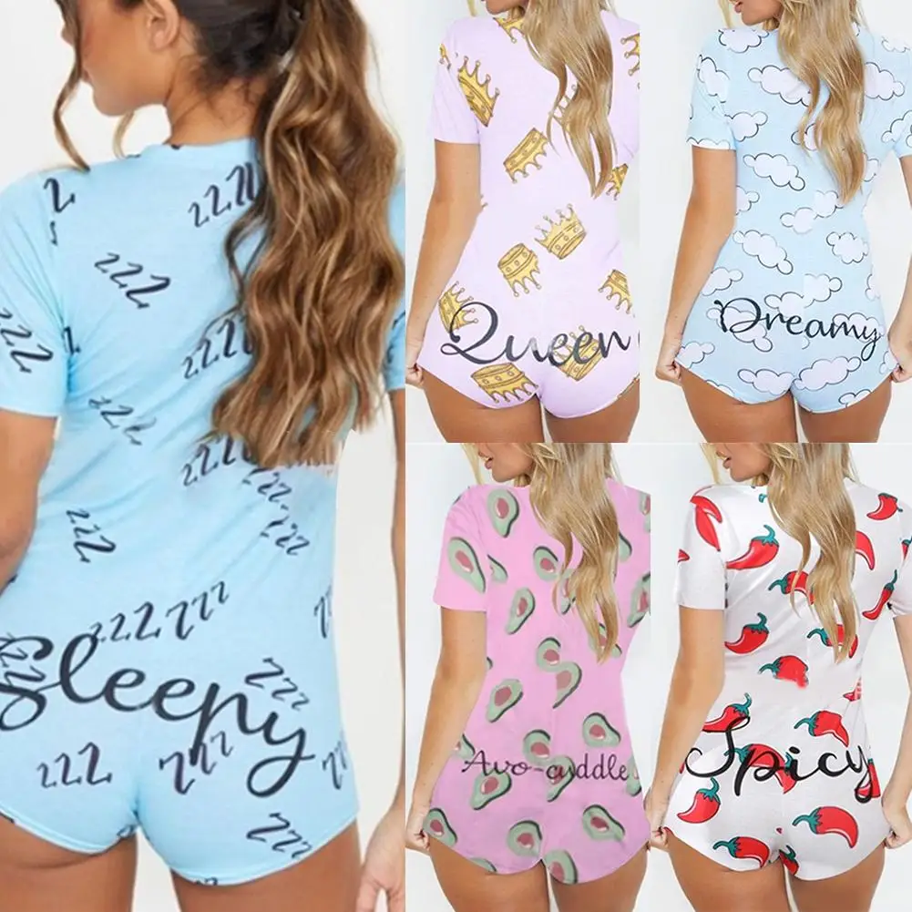 Summer Print Pajama Sets for Women Sexy V Neck Chilli Crown Print Bodycon Bodysuit Romper Pajamas Sleepwear Summer Print Pajama Sets for Women Sexy V Neck Chilli Crown Print Bodycon Bodysuit Romper Pajamas Sleepwear