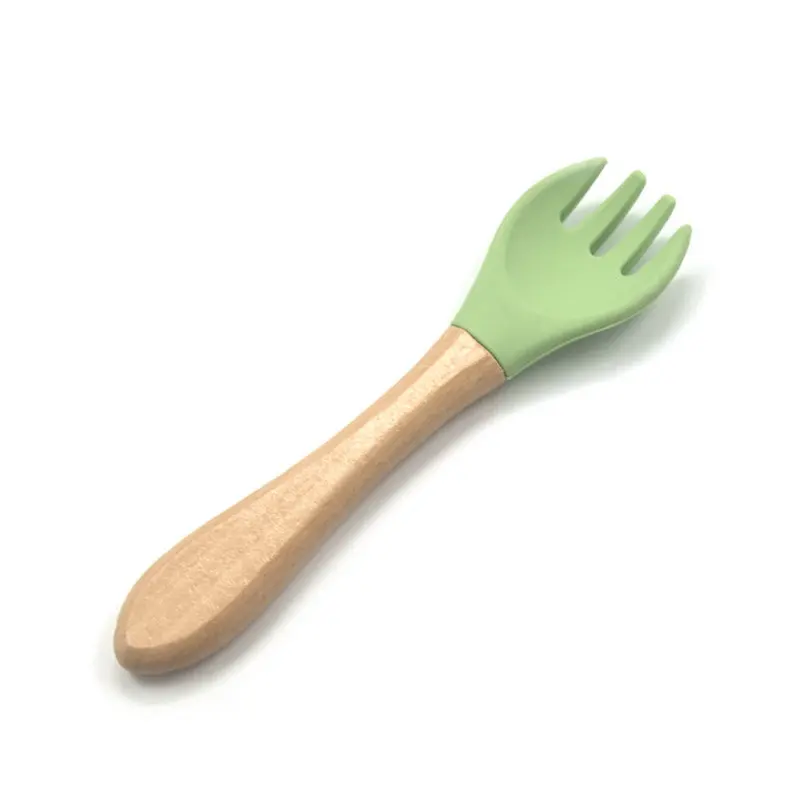 2PCS Baby Bamboo Fork Silicone Wooden Baby Feeding Spoon Toddlers Infant Feeding Accessories Organic BPA Free Food Grade Materia