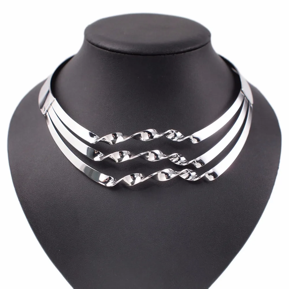 Silver Necklace Геометрический сплав крученое ожерелье s для женщин Двойная Цепочка массивные ювелирные изделия UKEM - Окраска металла: Silver Necklace