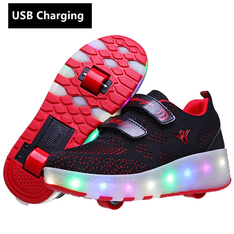 girls leather shoes New One wheels USB Charging Fashion Girls Boys LED Light Roller Skate Shoes For Children Kids Sneakers With Wheels Two wheels children's shoes for adults Children's Shoes