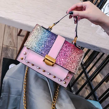 

Women's bag 2020 new fashion sequin handbag shoulder fashion crossbody chain small square bag women's PU lock crossbody bag