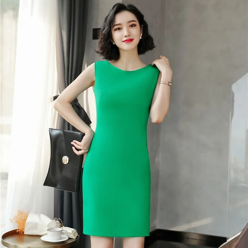 Elegant Green Slim Hips Women Summer Dress Professional Business Work Wear Sleeveless Dresses Mini OL Styles Uniforms Plus Size 1