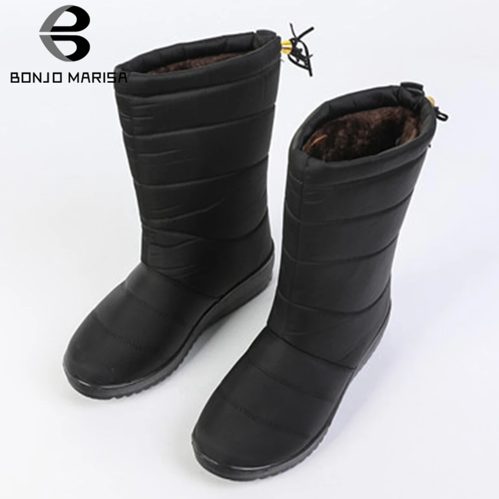 

BONJOMARISA New Winter Warm Add Fur Booties Ladies Casual Flat mid-calf Snow Boots Women 2019 Waterproof Wedges Shoes Woman