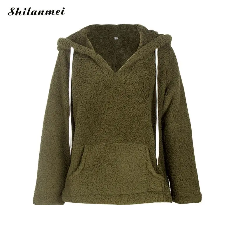 Women Fleece Hoodies Autumn Plush Casual Hooded Pullovers V Neck Female Sweatshirt Winter Warm Pocket Teddy Pullover Mujer