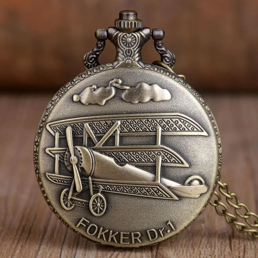 Vintage-Bronze-Pocket-Watch-Fokker-Dr-1-Sculpture-3D-Aircraft-Pattern-Quartz-Pocket-Watch-Necklace-Chain