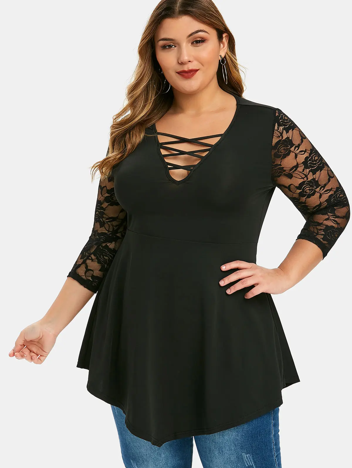 Plunging neckline plus size tops Clearance