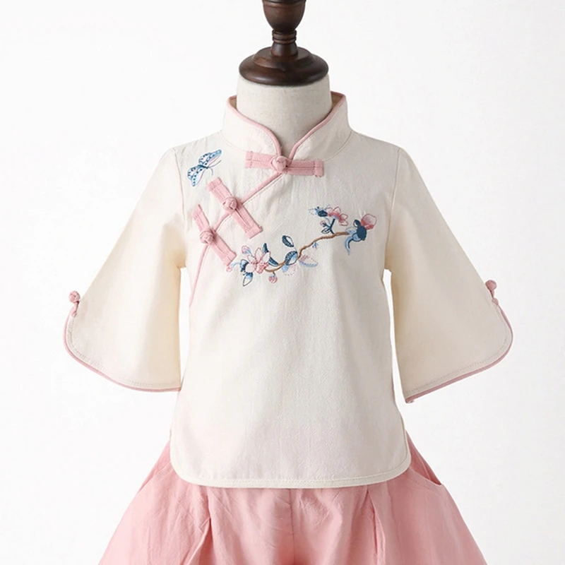 Детская летняя куртка с вышивкой; Hanfu; костюм для девочек; cheongsam; Улучшенная юбка Hanfu; детская одежда в национальном стиле для девочек - Цвет: top 1