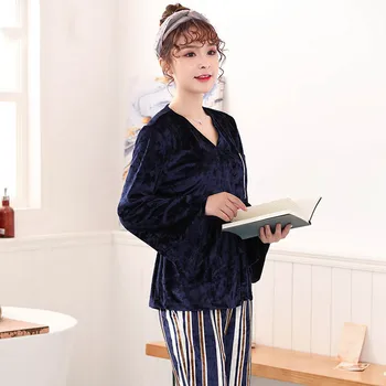 

women pajamas Gold velvet 2 pieces sexy stripe pants long sleeved Cardigan female sleepwear warm winter home service pyjamas