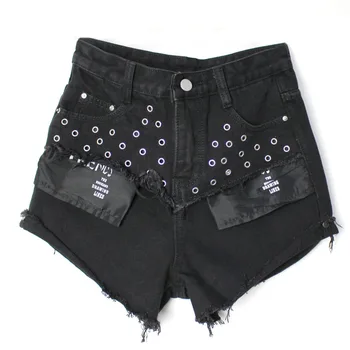 

WOMENGAGA 2020 Summer New Personality Patchwo Shorts Hole Zippers Casual Girl Female Streetwear Punk Metallic Rivet A015
