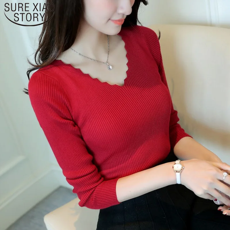 Autumn Long Sleeve Sweater Women Winter Pullovers Solid Black White Knitted Tops Wave Cut V-neck Basic Office 7809 50 | Женская одежда
