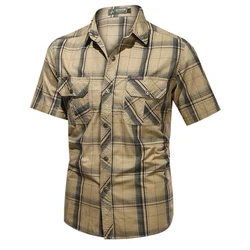 Camisa a cuadros para hombre, camisa táctica de manga corta 100% de algodón, blusa militar del ejército, Top informal, camisas de solapa de un solo pecho
