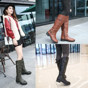 

Brand Women Winter Snow Boots Ladies Shoes Autumn Winter Warm Riding Boot Buckle Decoration Flat Square Motorcycle Leather Boots