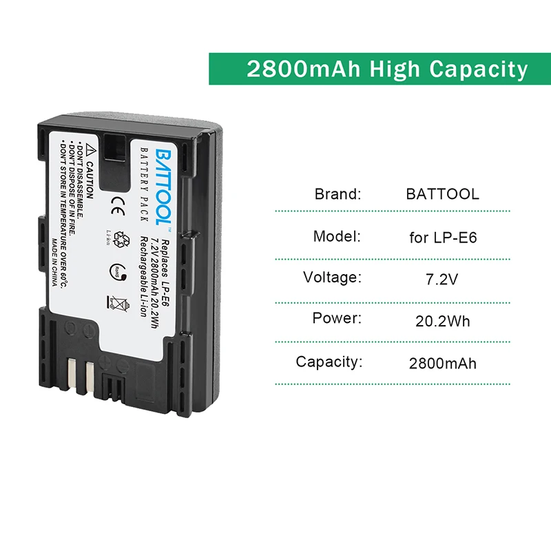 BATTOOL LP-E6 LP E6 батарея зарядное устройство комплект 2600 мАч 7,2 В для камеры Canon 7D Mark II для EOS 60D 70D 80D для EOS 5D Mark II