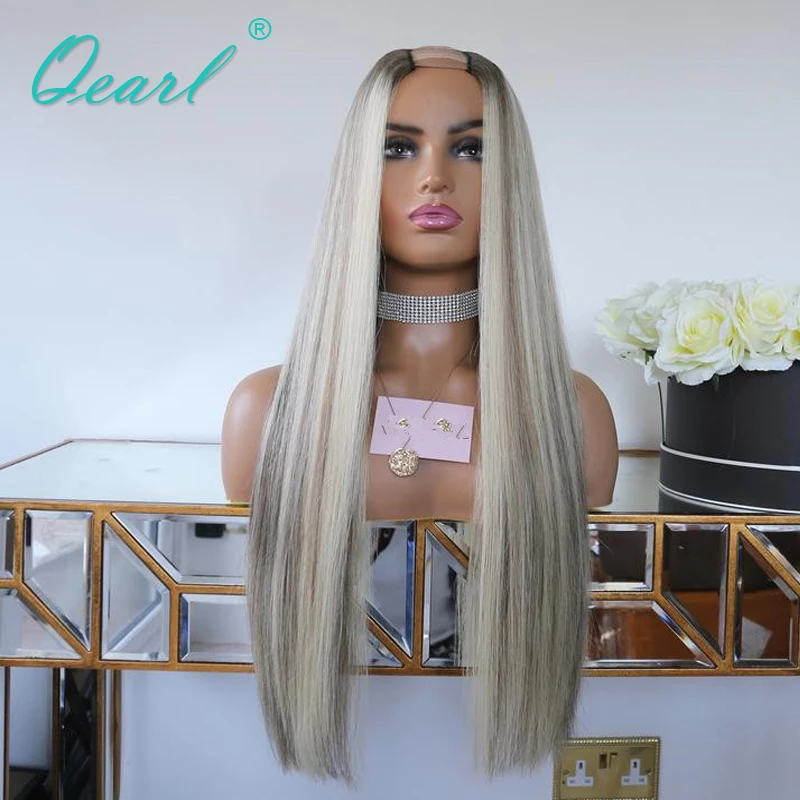 Grey Ashy Blonde Highlights Color U Part Wigs Silky Straight Real Human Hair Wig Thick 200% 2x4 Ombre Colored Cheap Wig Qearl