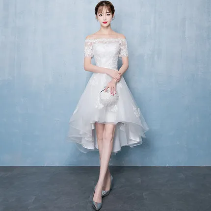 

White Evening Gown Women's 2019 New Style Banquet Nobility off-Shoulder Front Short Long Back Students Dress Usually Wearable