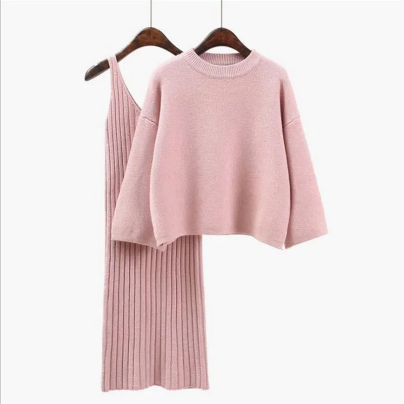 

Autumn Womans Sweater SuitsSolid Color Female Casual Two-Pieces Sets Loose Sweater Knit Mini Winter Pullovers Pink