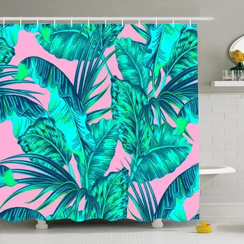 

Shower Curtain Set with Hooks 66x72 Pink Flora Tropical Decoration On Foliage Palm Leaves Jungle Leaf Trendy Nature Beauty for