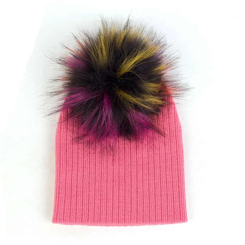 Dark Pink23 Осенне-зимние однотонные шапки с гофрированной резинкой, шапки с помпон с искуственным мехом шапочка для новорожденного, для малыша, для маленьких девочек и мальчиков, детские мягкие милые шерстяные шапки - Цвет: Dark Pink23