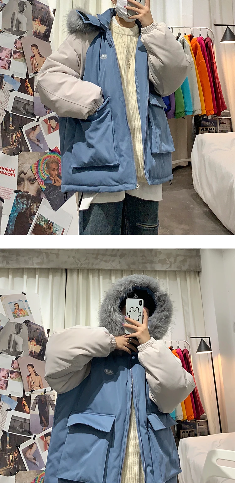 Winter Fur Collar Hooded Coat Men's Warm Thick Parka Men Fashion Cross-color Casual Cotton Coat Man Tooling Jacket Male Clothes
